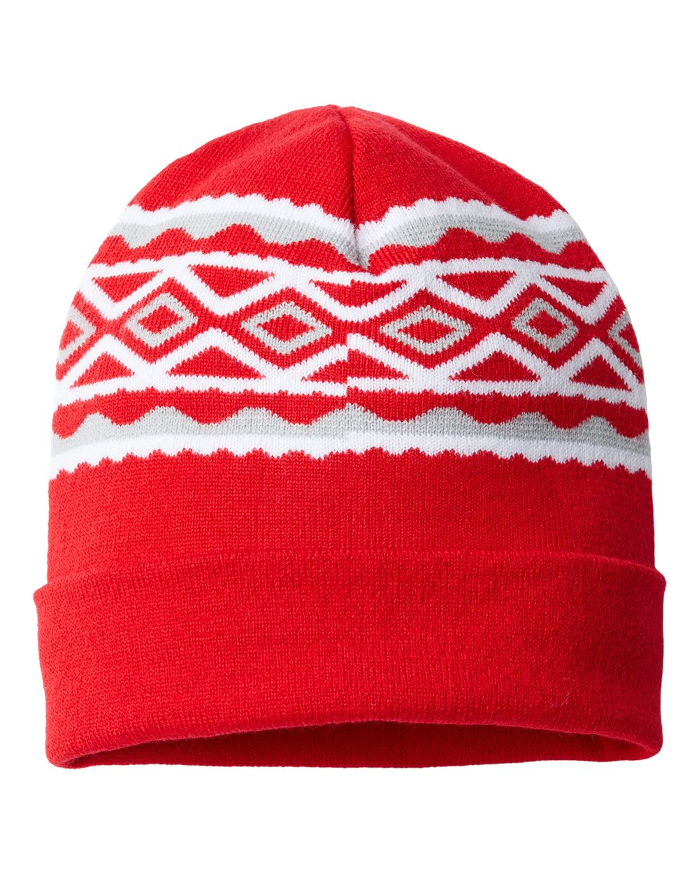 USA- Made Diamond Cuffed Beanie - Front - B03295700 - True Red/ Silver