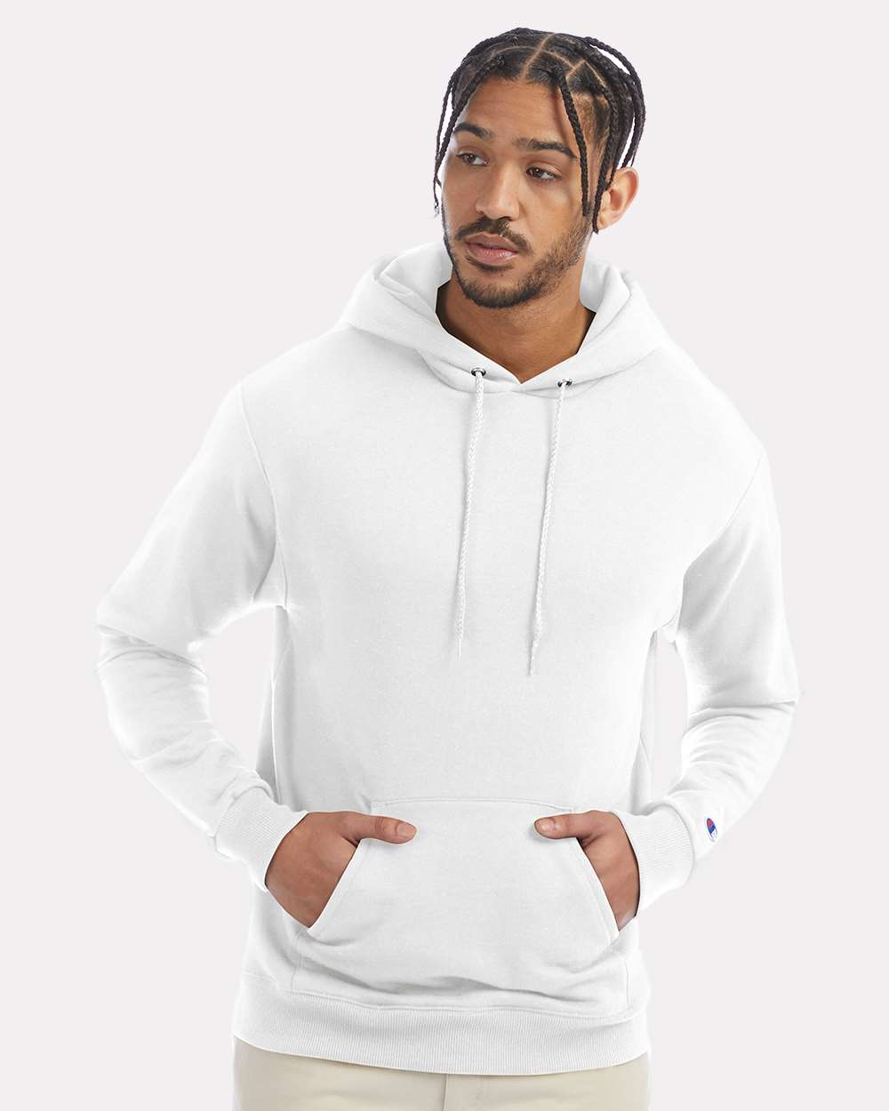Men's Powerblend® Hooded Sweatshirt - OnModelFront - B22884003 - White