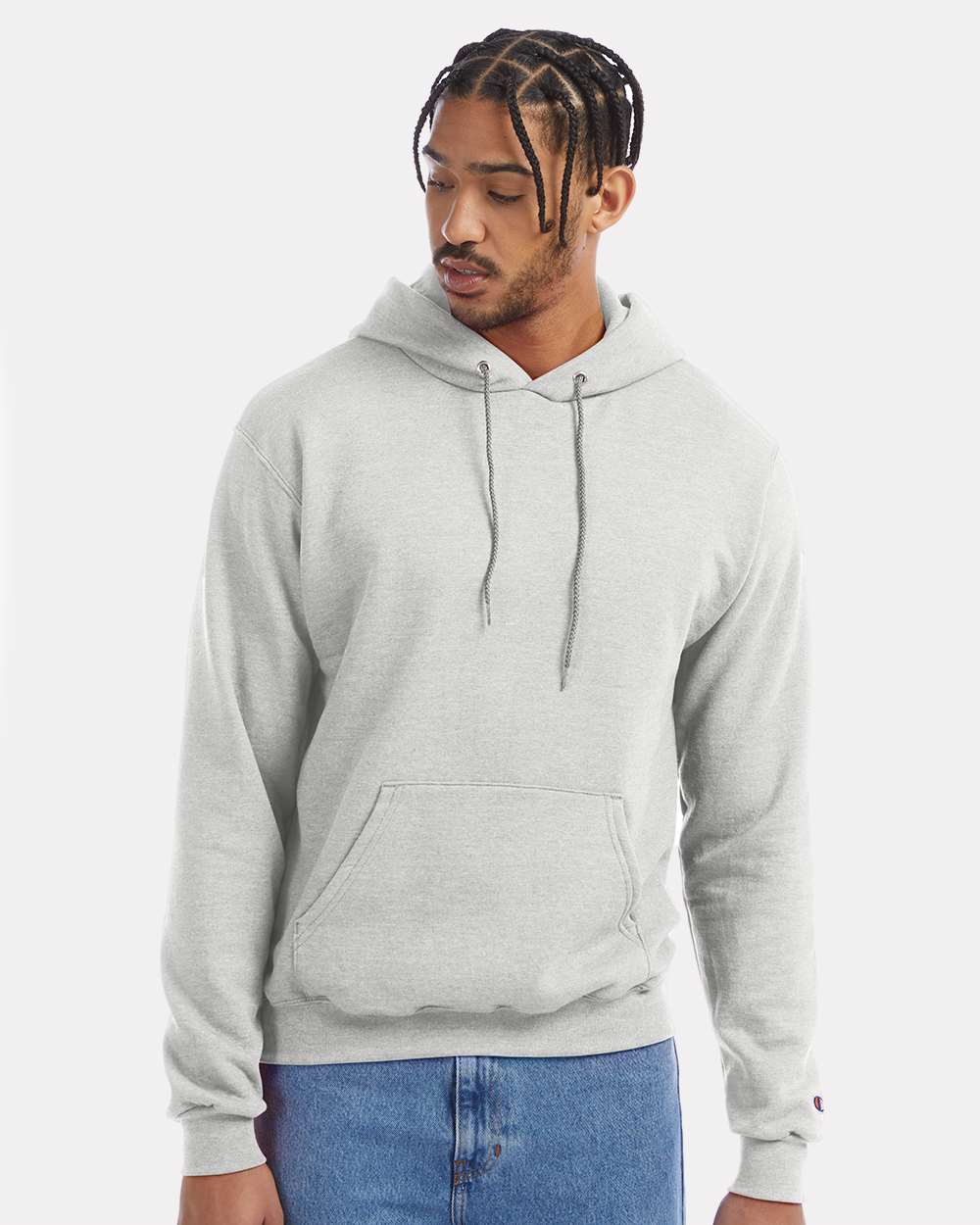 Men's Powerblend® Hooded Sweatshirt - OnModelFront - B22884023 - Silver Grey