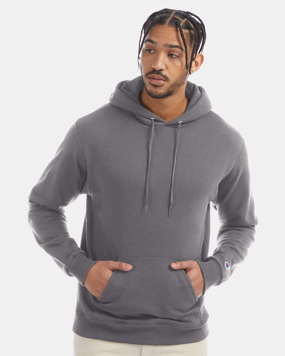 Men's Powerblend® Hooded Sweatshirt - OnModelFront - B22884133 - Stone Grey