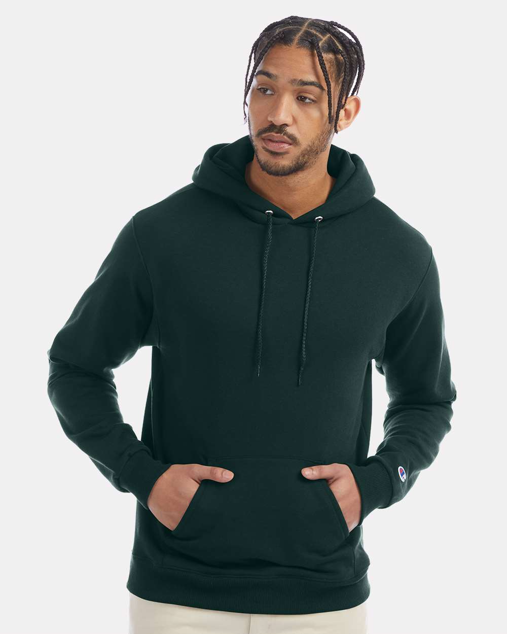 Men's Powerblend® Hooded Sweatshirt - OnModelFront - B22884193 - Dark Green
