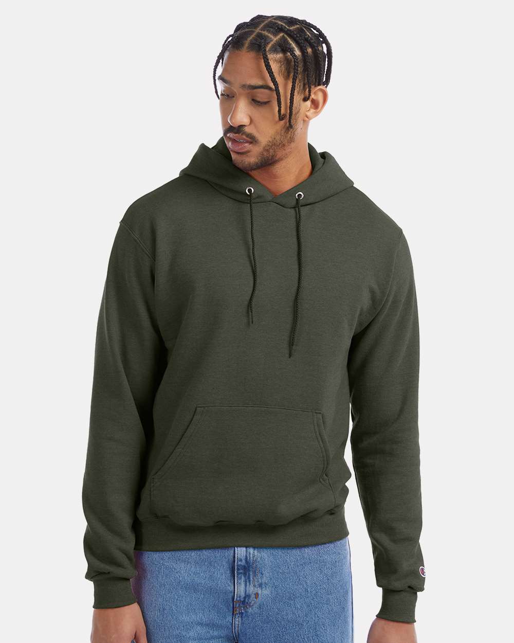Men's Powerblend® Hooded Sweatshirt - OnModelFront - B22884203 - Dark Green Heather
