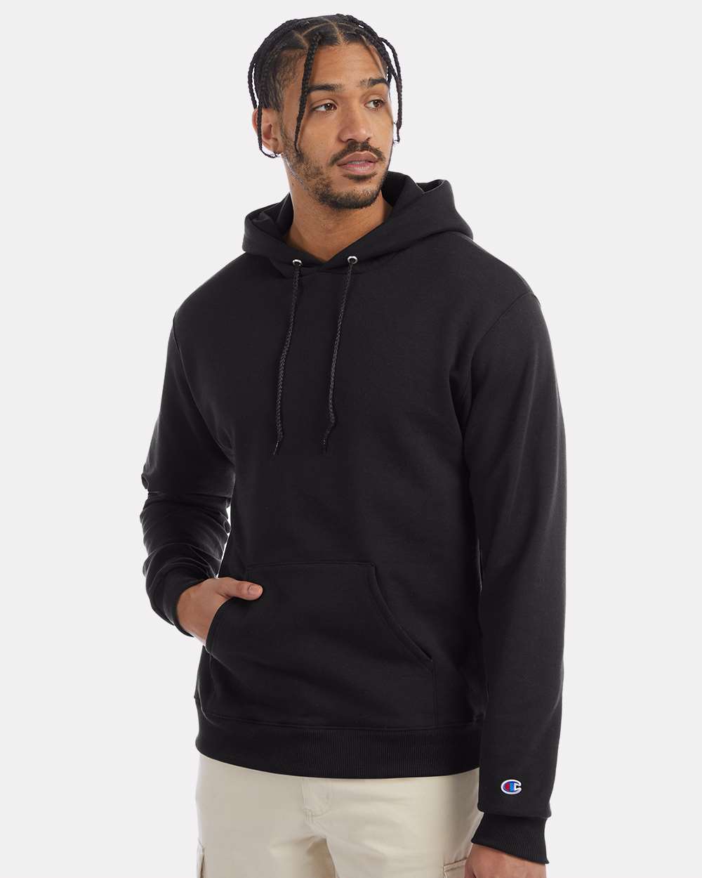 Men's Powerblend® Hooded Sweatshirt - OnModelFront - B22884503 - Black