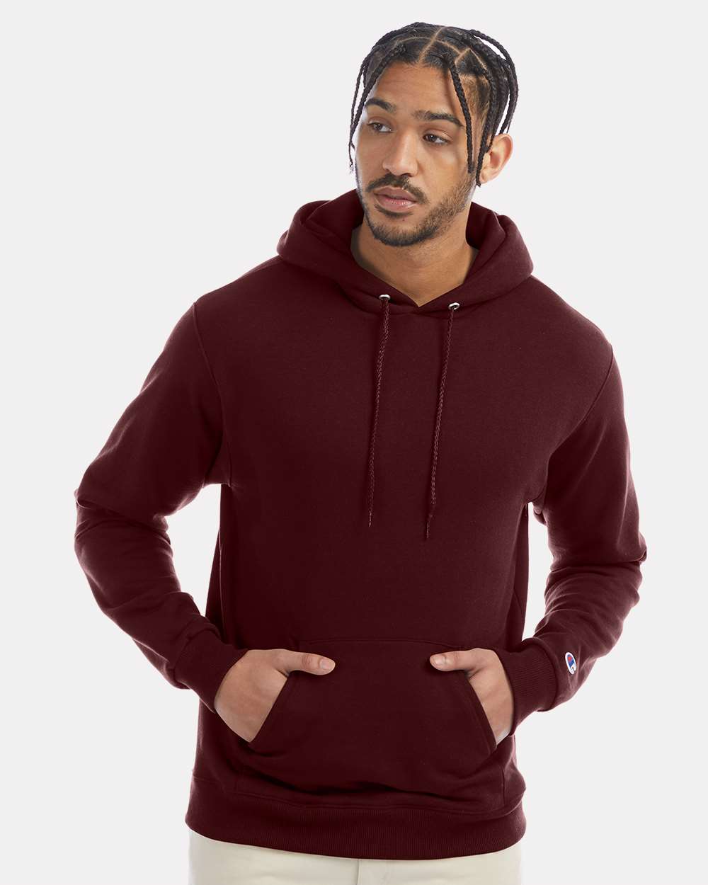 Men's Powerblend® Hooded Sweatshirt - OnModelFront - B22884533 - Maroon