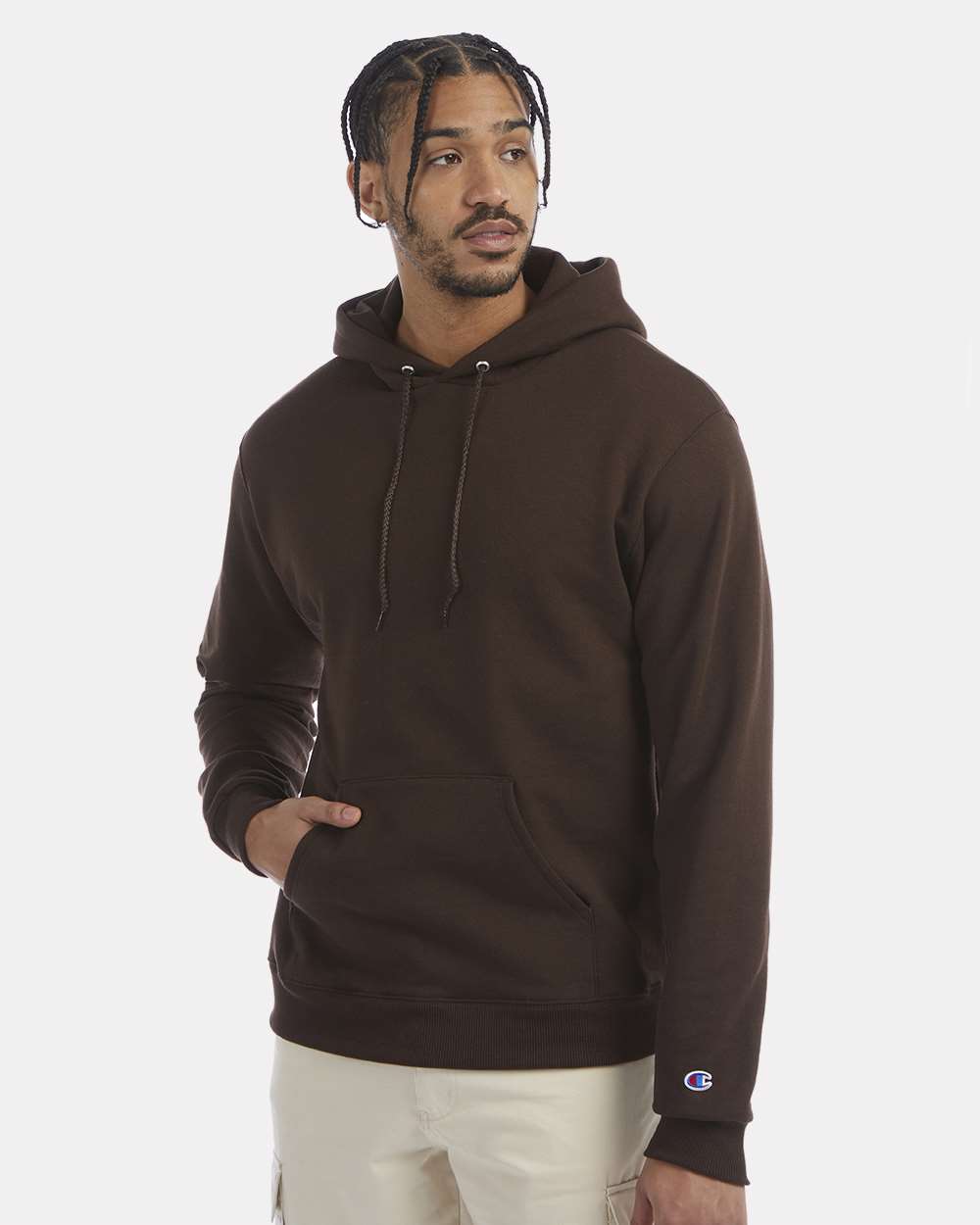 Men's Powerblend® Hooded Sweatshirt - OnModelFront - B22884563 - Chocolate Brown