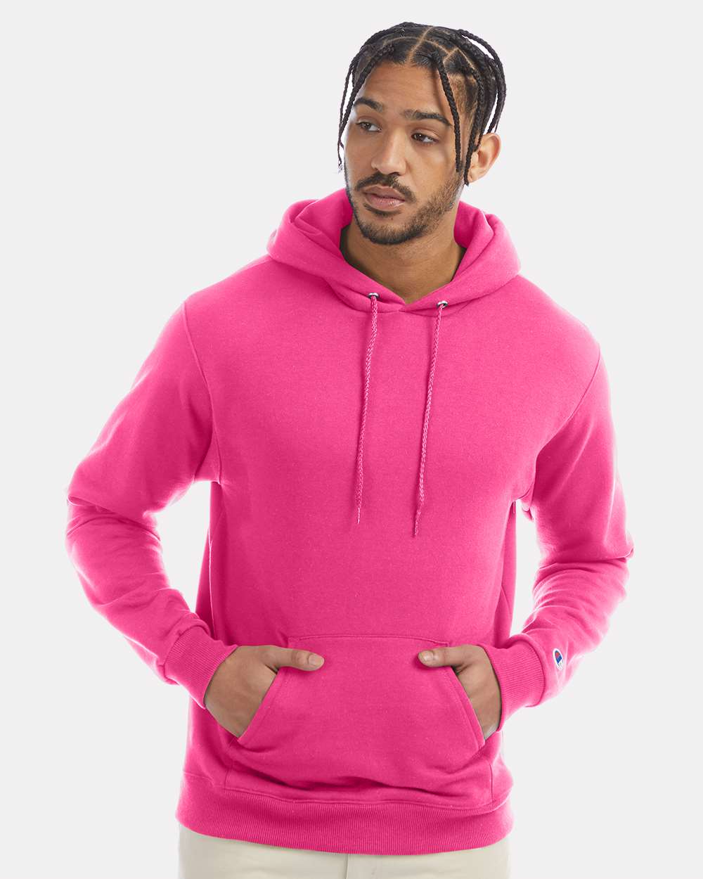 Men's Powerblend® Hooded Sweatshirt - OnModelFront - B22884693 - Wow Pink