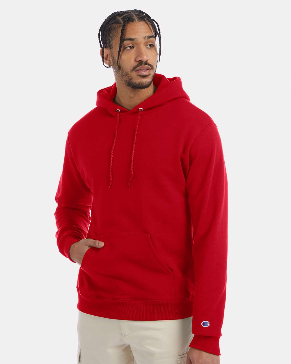 Men's Powerblend® Hooded Sweatshirt - OnModelFront - B22884703 - Scarlet