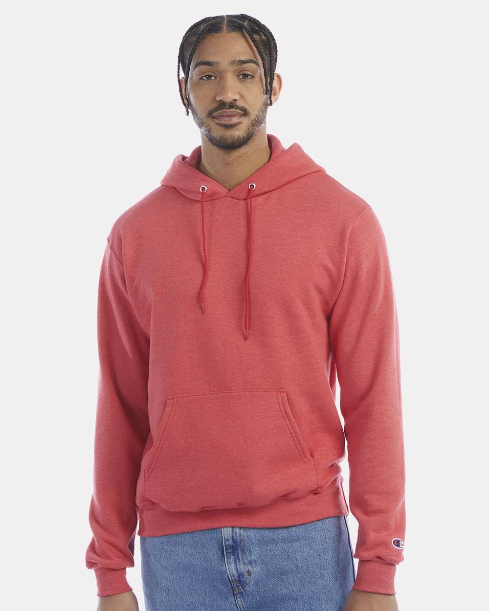 Men's Powerblend® Hooded Sweatshirt - OnModelFront - B22884713 - Scarlet Heather