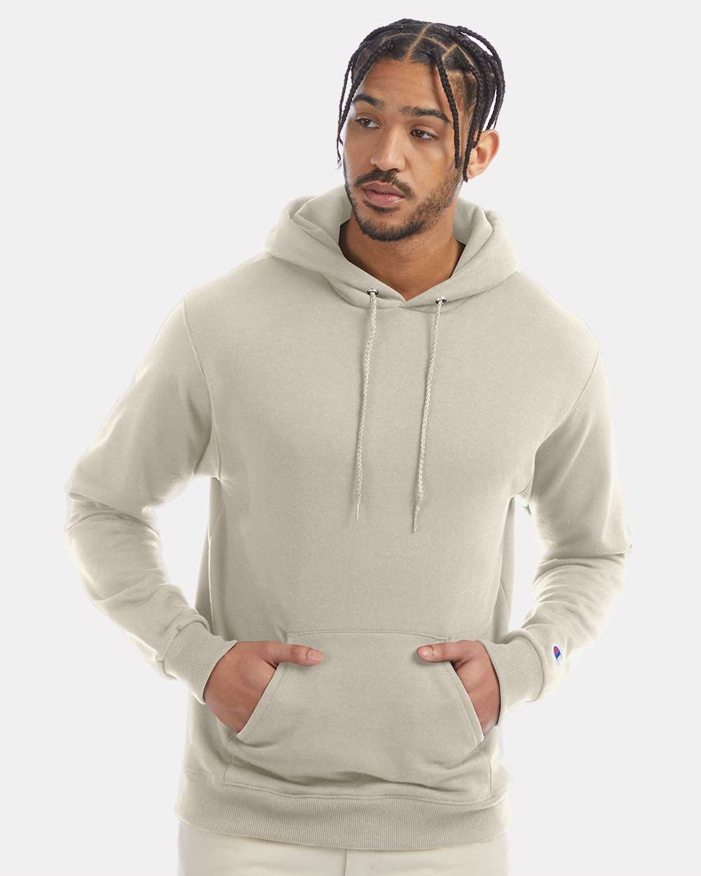 Men's Powerblend® Hooded Sweatshirt - OnModelFront - B22884733 - Sand