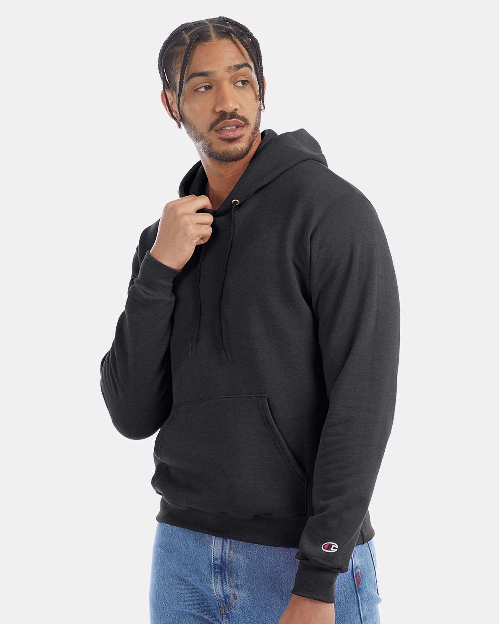 Men's Powerblend® Hooded Sweatshirt - OnModelSide - B22884093 - Charcoal Heather