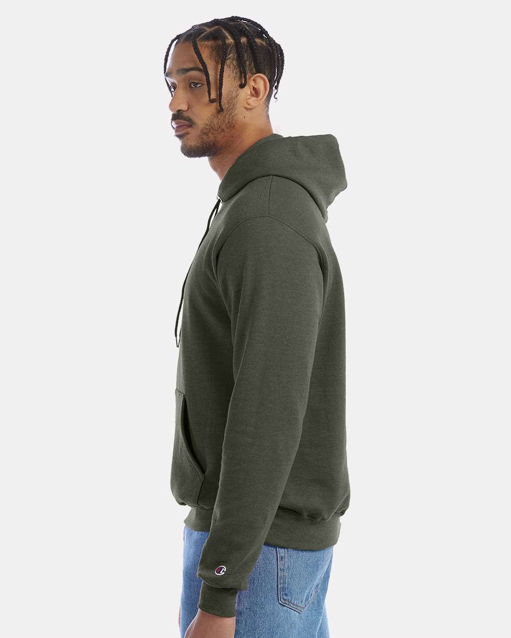 Men's Powerblend® Hooded Sweatshirt - OnModelSide - B22884203 - Dark Green Heather