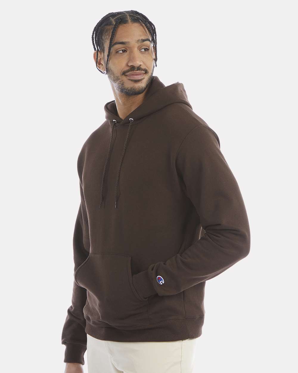 Men's Powerblend® Hooded Sweatshirt - OnModelSide - B22884563 - Chocolate Brown