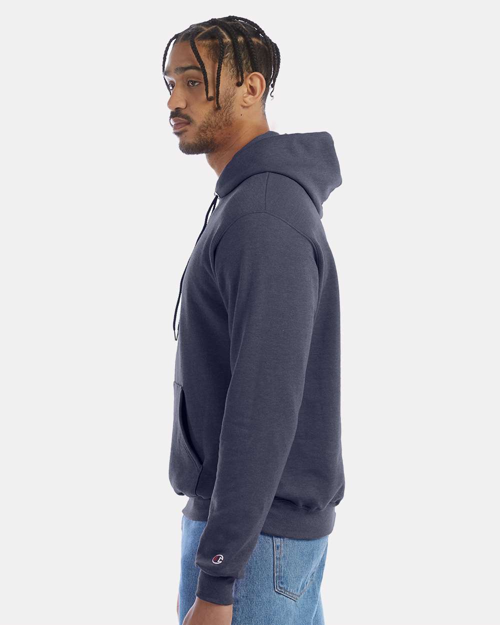 Men's Powerblend® Hooded Sweatshirt - OnModelSide - B22884643 - Navy Heather