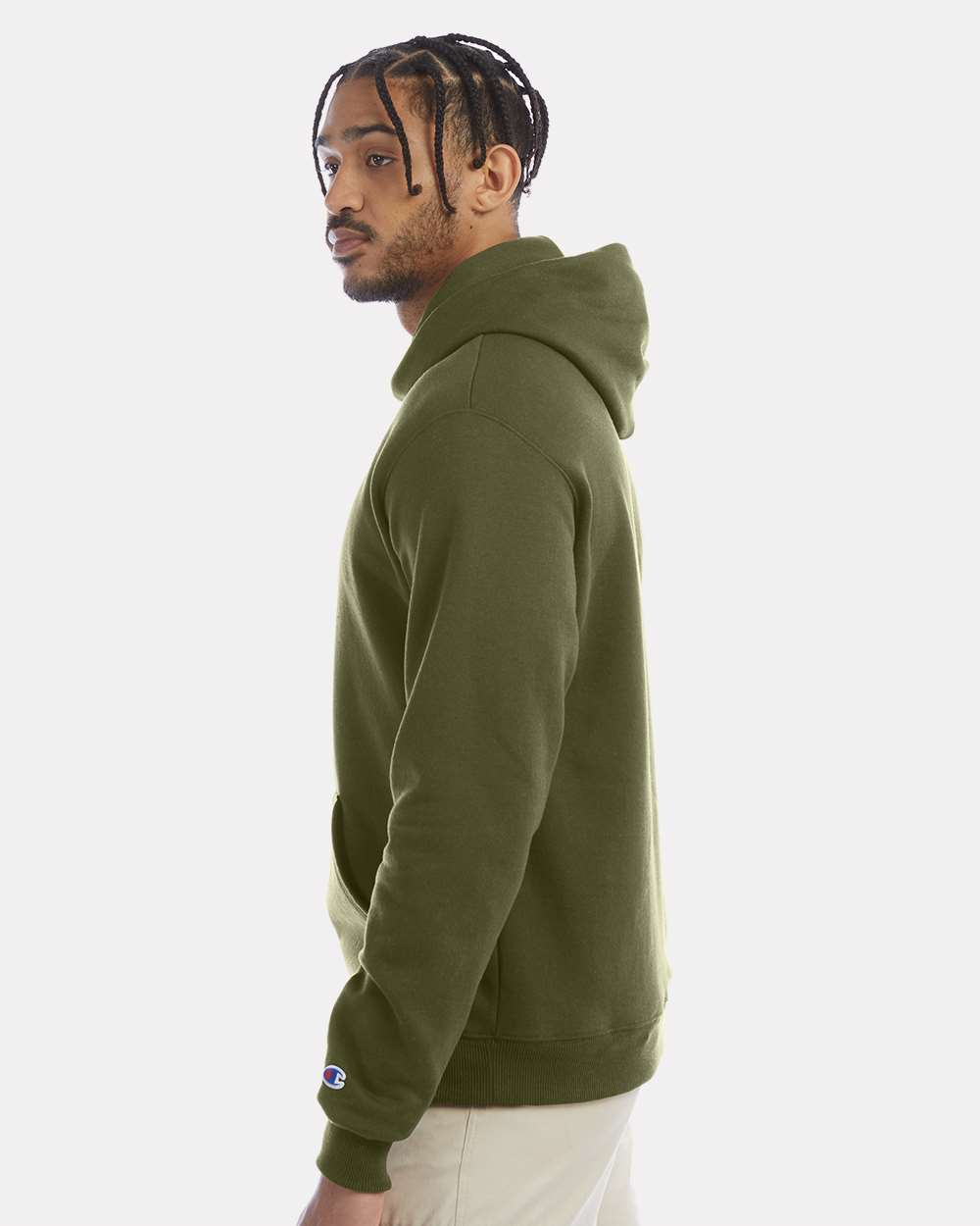 Men's Powerblend® Hooded Sweatshirt - OnModelSide - B22884683 - Fresh Olive