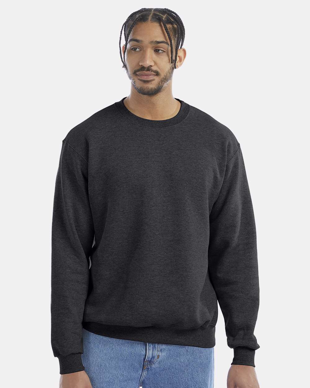 Men's Powerblend® Crewneck Sweatshirt - OnModelFront - B21284093 - Charcoal Heather