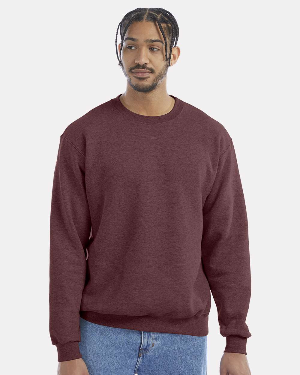 Men's Powerblend® Crewneck Sweatshirt - OnModelFront - B21284543 - Maroon Heather