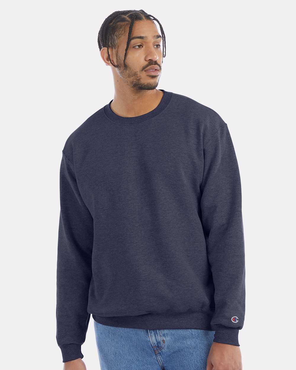 Men's Powerblend® Crewneck Sweatshirt - OnModelFront - B21284643 - Navy Heather