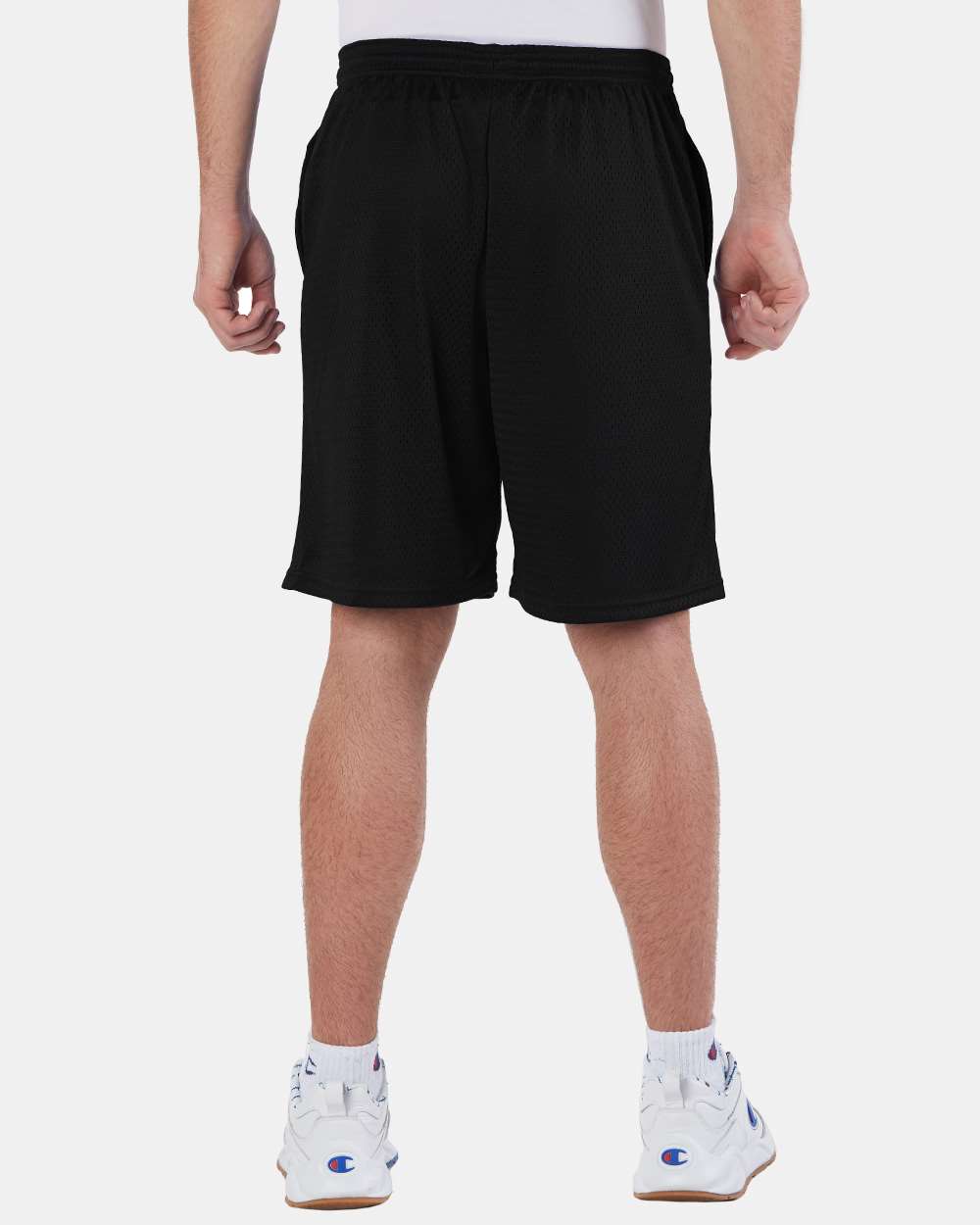 Men's Polyester Mesh 9" Shorts with Pockets - OnModelBack - B09084503 - Black