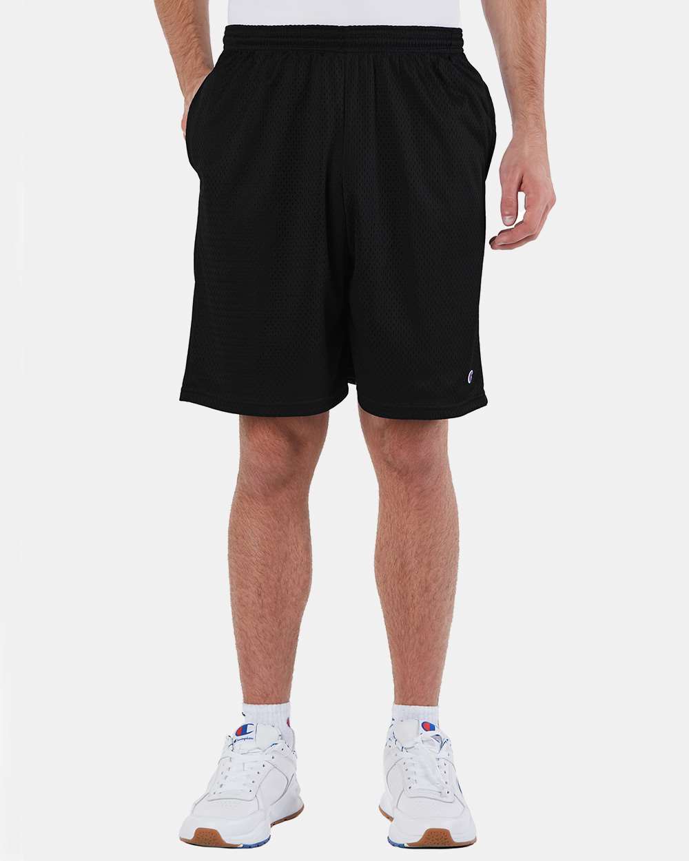 Men's Polyester Mesh 9" Shorts with Pockets - OnModelFront - B09084503 - Black