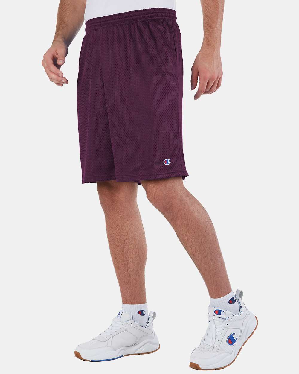 Men's Polyester Mesh 9" Shorts with Pockets - OnModelSide - B09084533 - Maroon