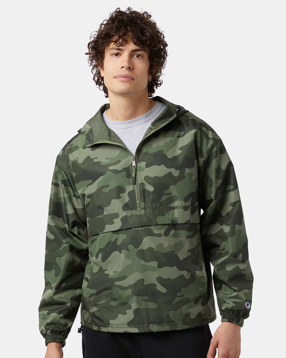 Men's Packable Anorak Jacket - OnModelFront - B63284643 - Olive Green Camo