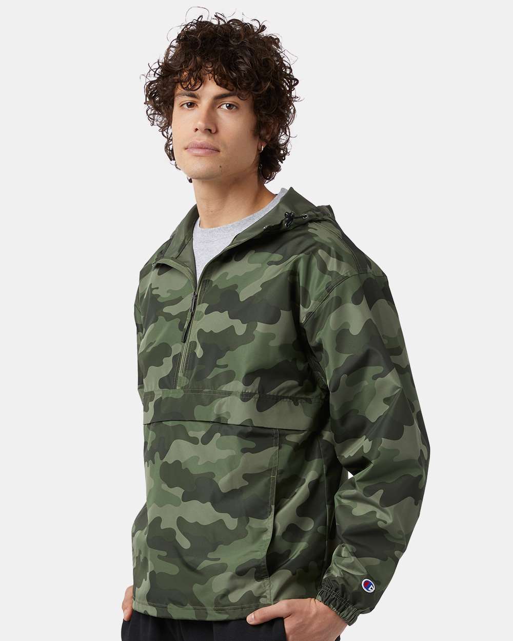 Men's Packable Anorak Jacket - OnModelSide - B63284643 - Olive Green Camo