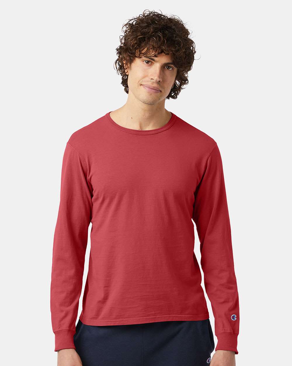 Unisex Garment-Dyed Long Sleeve T-Shirt - OnModelFront - B01384703 - Crimson