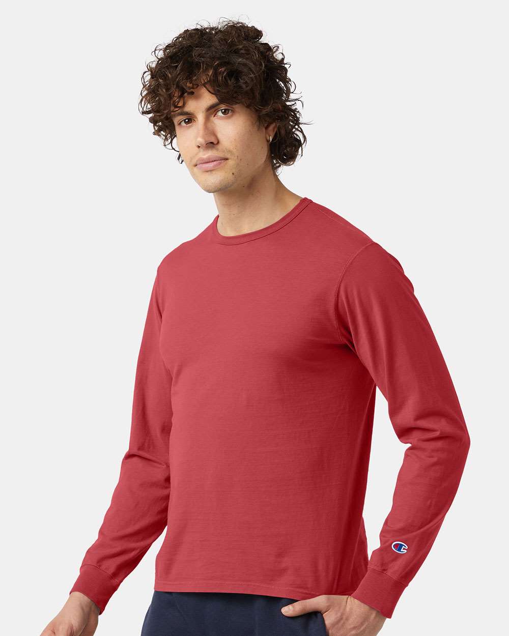 Unisex Garment-Dyed Long Sleeve T-Shirt - OnModelSide - B01384703 - Crimson