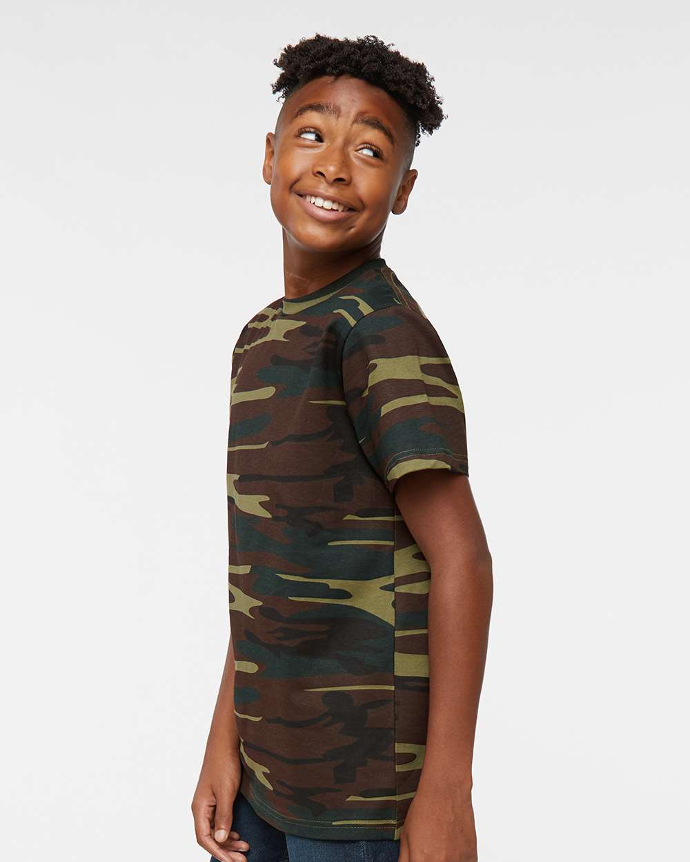 Youth Camouflage T-Shirt - OnModelSide - B10338622 - Green Woodland