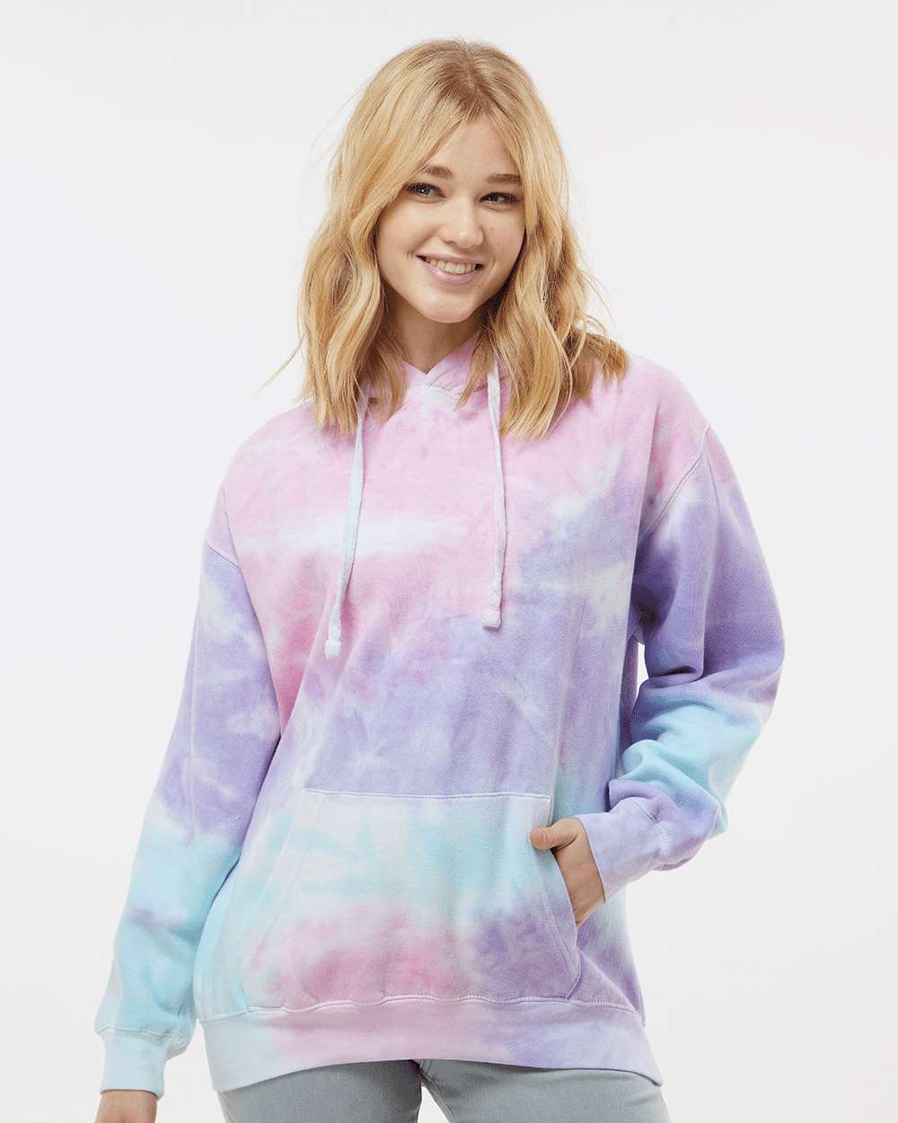 Unisex Tie-Dyed Hooded Sweatshirt - OnModelFront - B10602303 - Cotton Candy