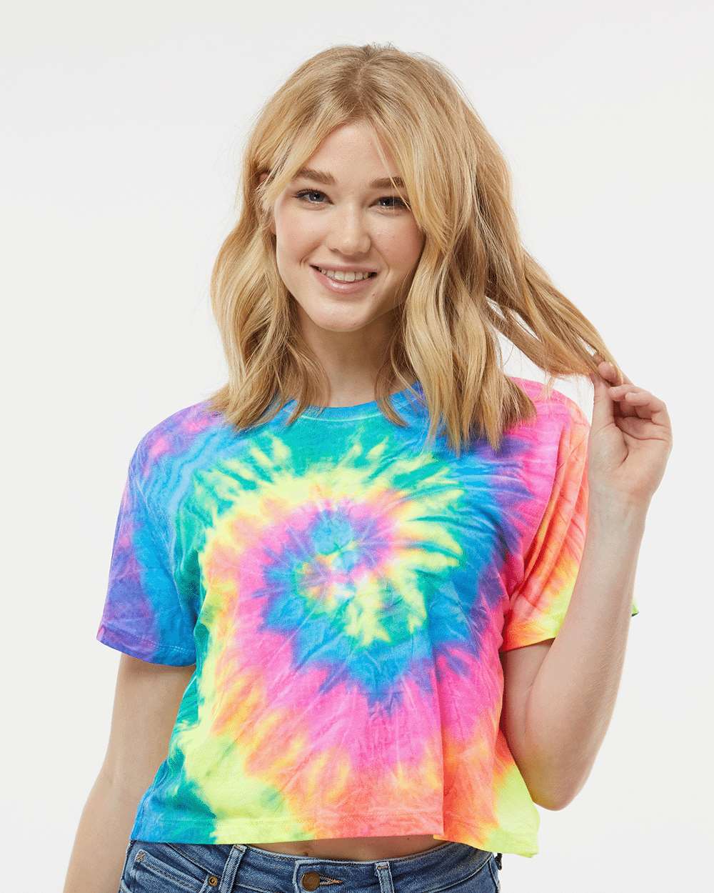 Women's Tie-Dyed Crop T-Shirt - OnModelFront - B11802702 - Neon Rainbow