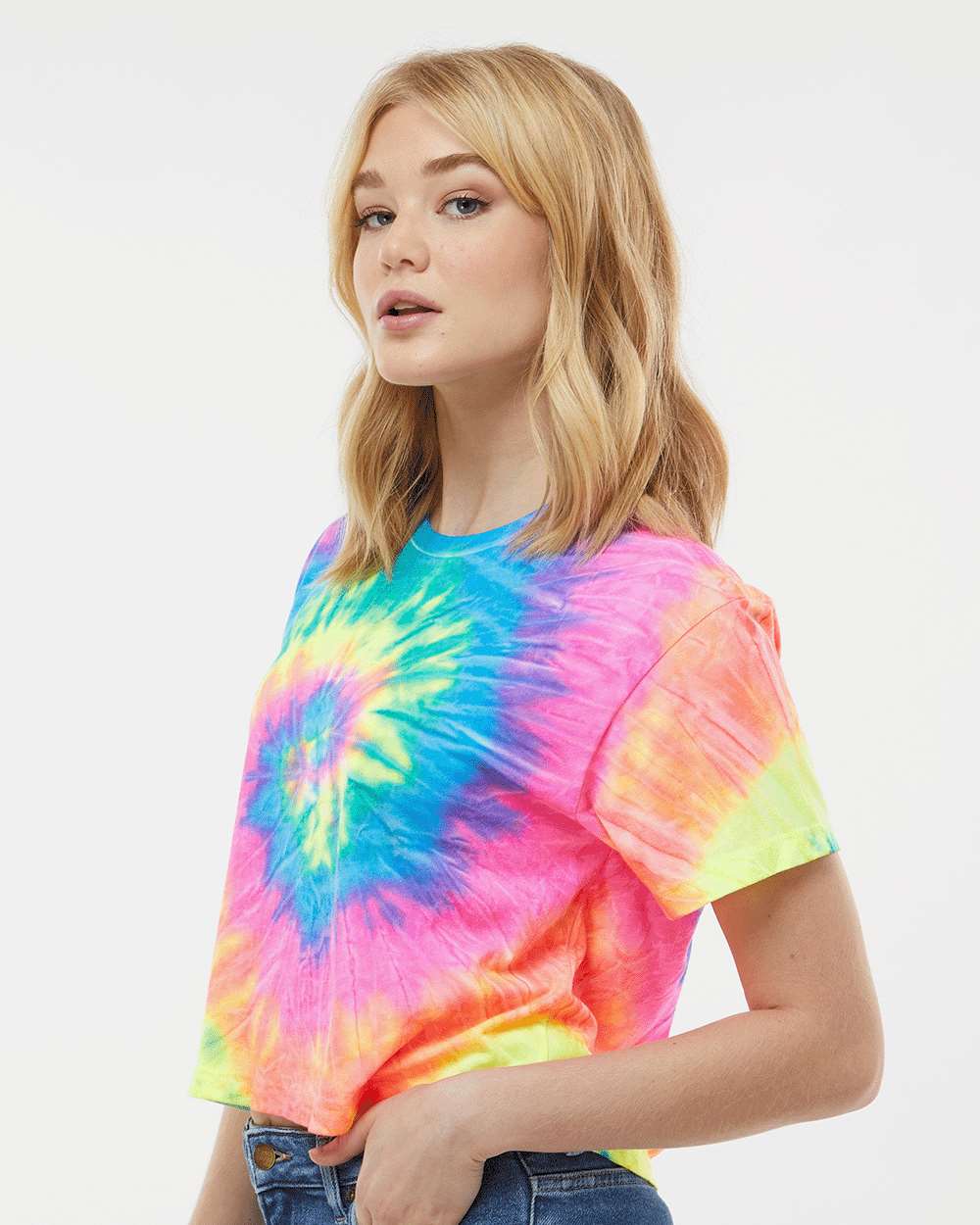 Women's Tie-Dyed Crop T-Shirt - OnModelSide - B11802702 - Neon Rainbow