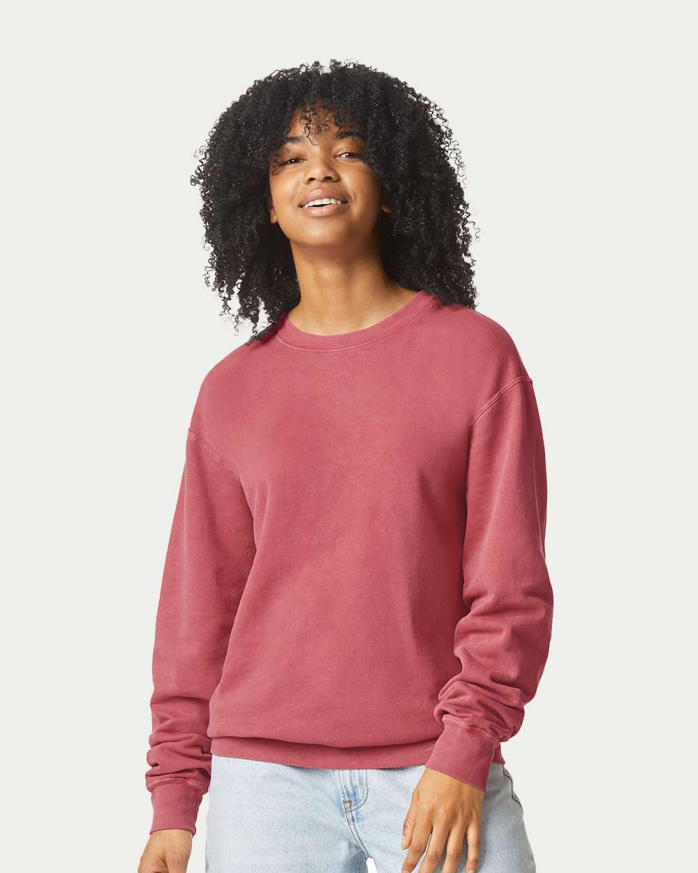 Unisex Garment-Dyed Lightweight Fleece Crewneck Sweatshirt - OnModelFront - B00808223 - Crimson
