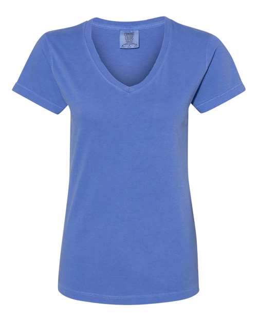 Garment-Dyed Women’s Midweight V-Neck T-Shirt - Front - B18608483 - Flo Blue
