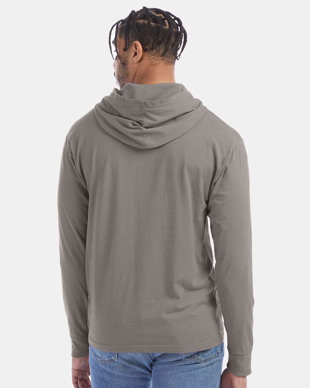 Unisex Garment-Dyed Jersey Hooded Long Sleeve T-Shirt - OnModelBack - B04700133 - Concrete Grey