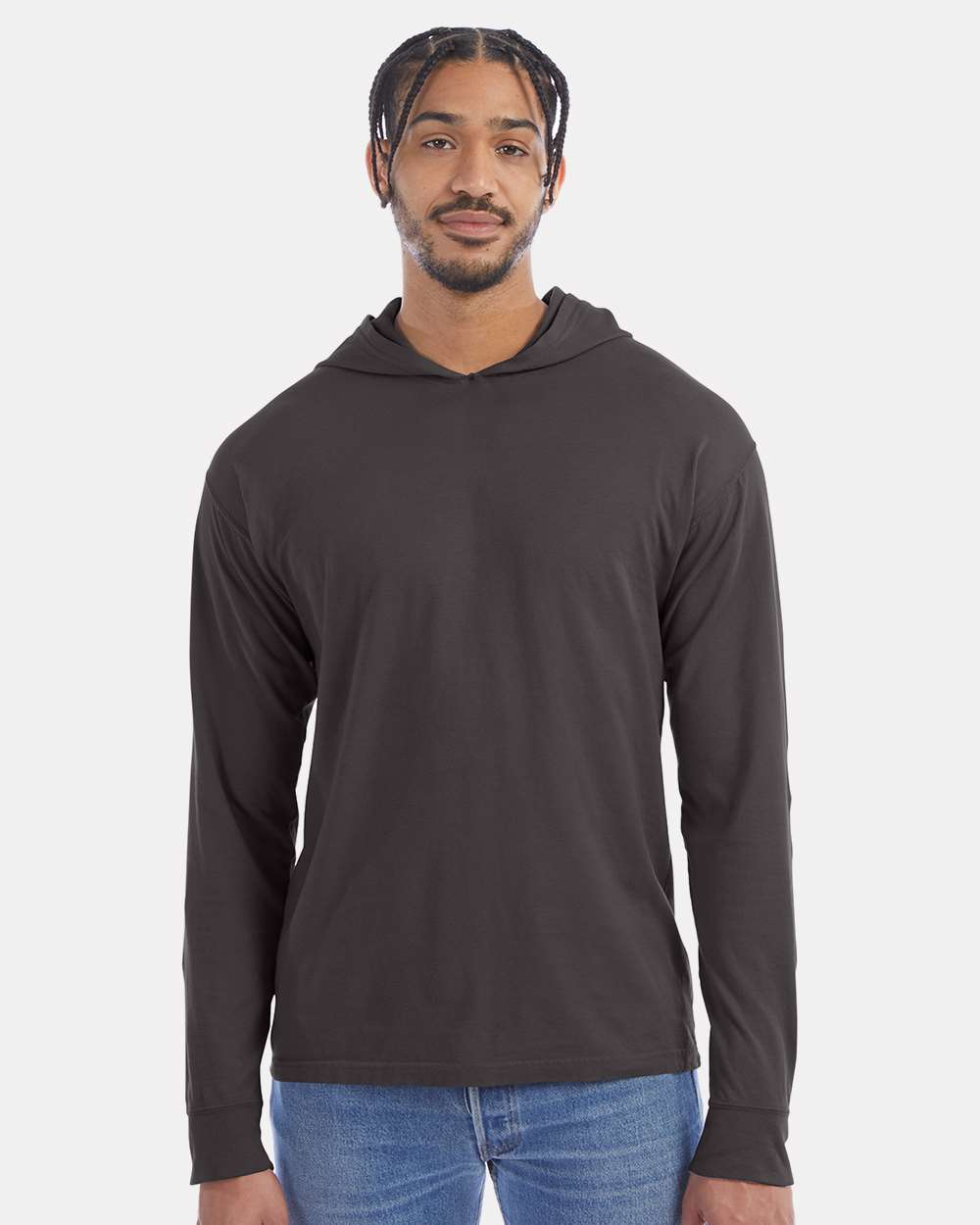 Unisex Garment-Dyed Jersey Hooded Long Sleeve T-Shirt - OnModelFront - B04700093 - New Railroad Grey