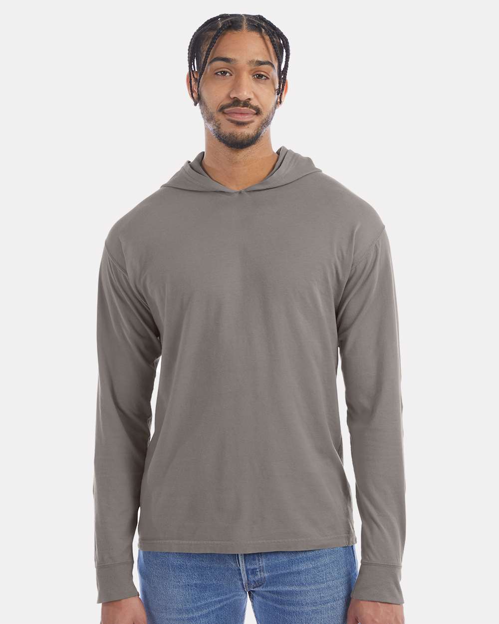 Unisex Garment-Dyed Jersey Hooded Long Sleeve T-Shirt - OnModelFront - B04700133 - Concrete Grey