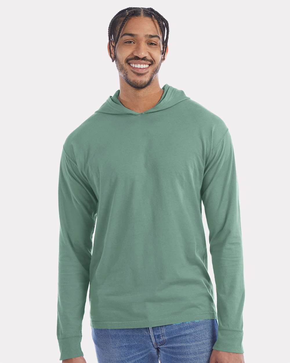 Unisex Garment-Dyed Jersey Hooded Long Sleeve T-Shirt - OnModelFront - B04700543 - Cypress Green