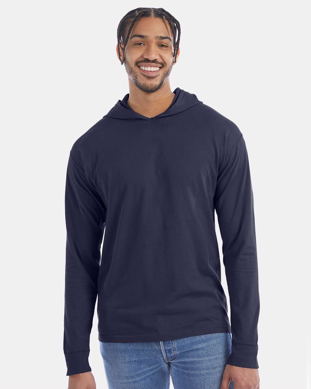 Unisex Garment-Dyed Jersey Hooded Long Sleeve T-Shirt - OnModelFront - B04700683 - Anchor Slate
