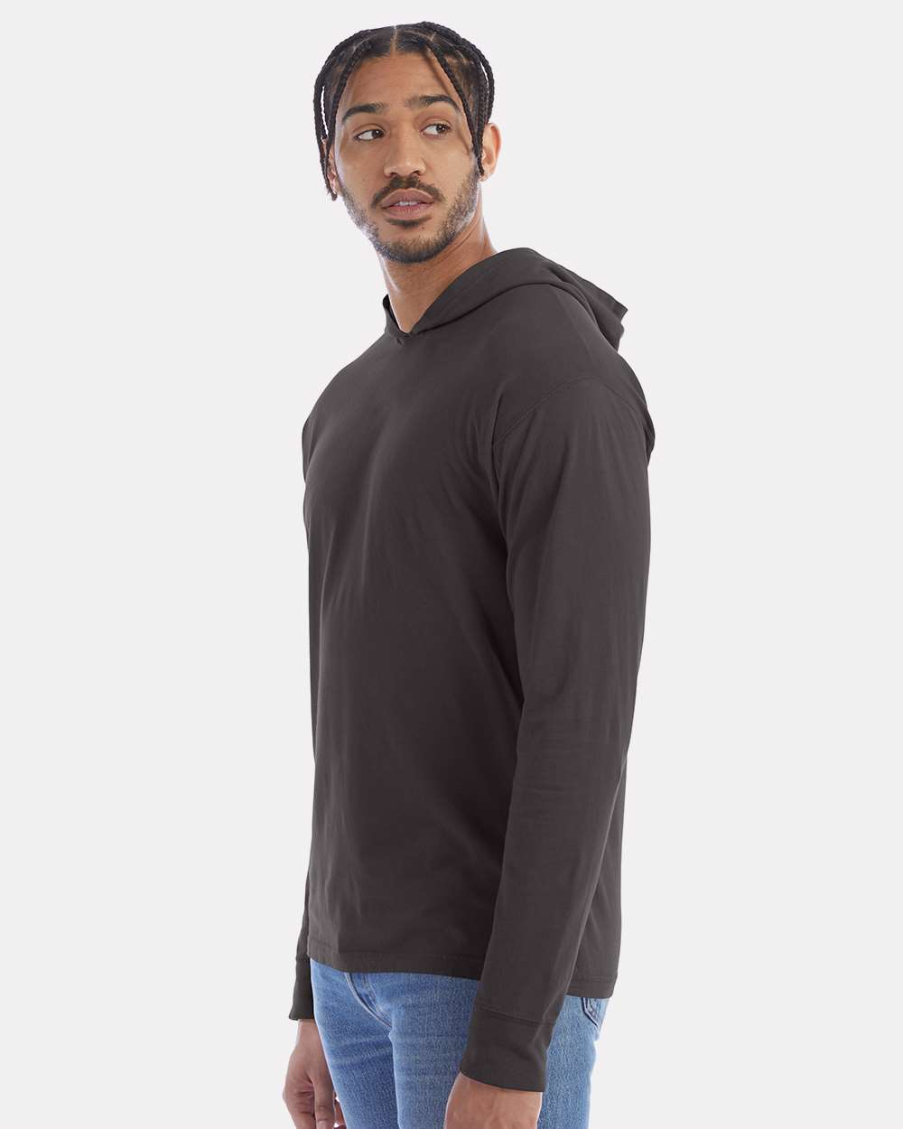 Unisex Garment-Dyed Jersey Hooded Long Sleeve T-Shirt - OnModelSide - B04700093 - New Railroad Grey