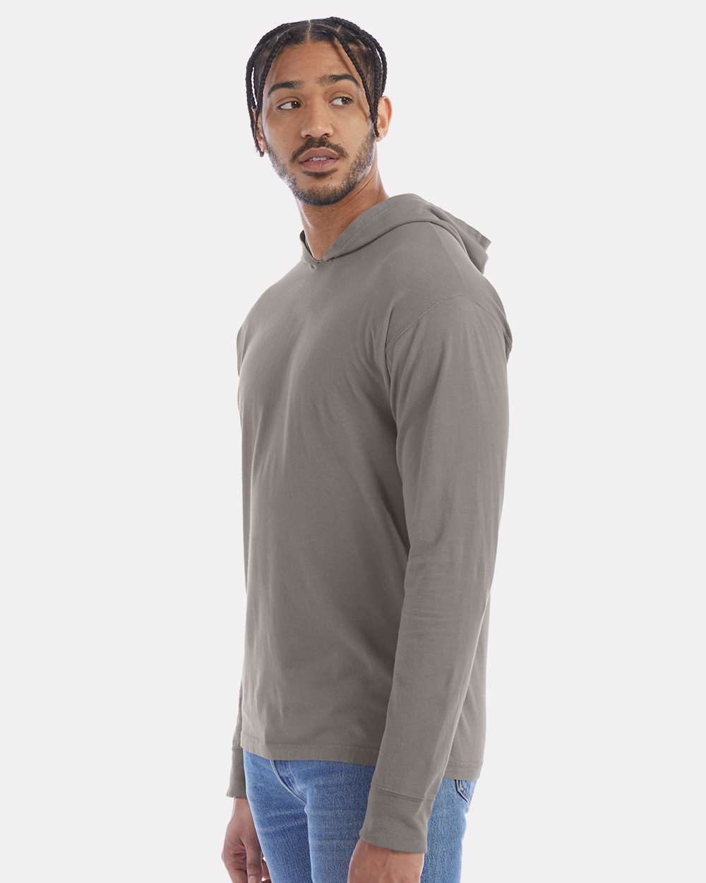 Unisex Garment-Dyed Jersey Hooded Long Sleeve T-Shirt - OnModelSide - B04700133 - Concrete Grey