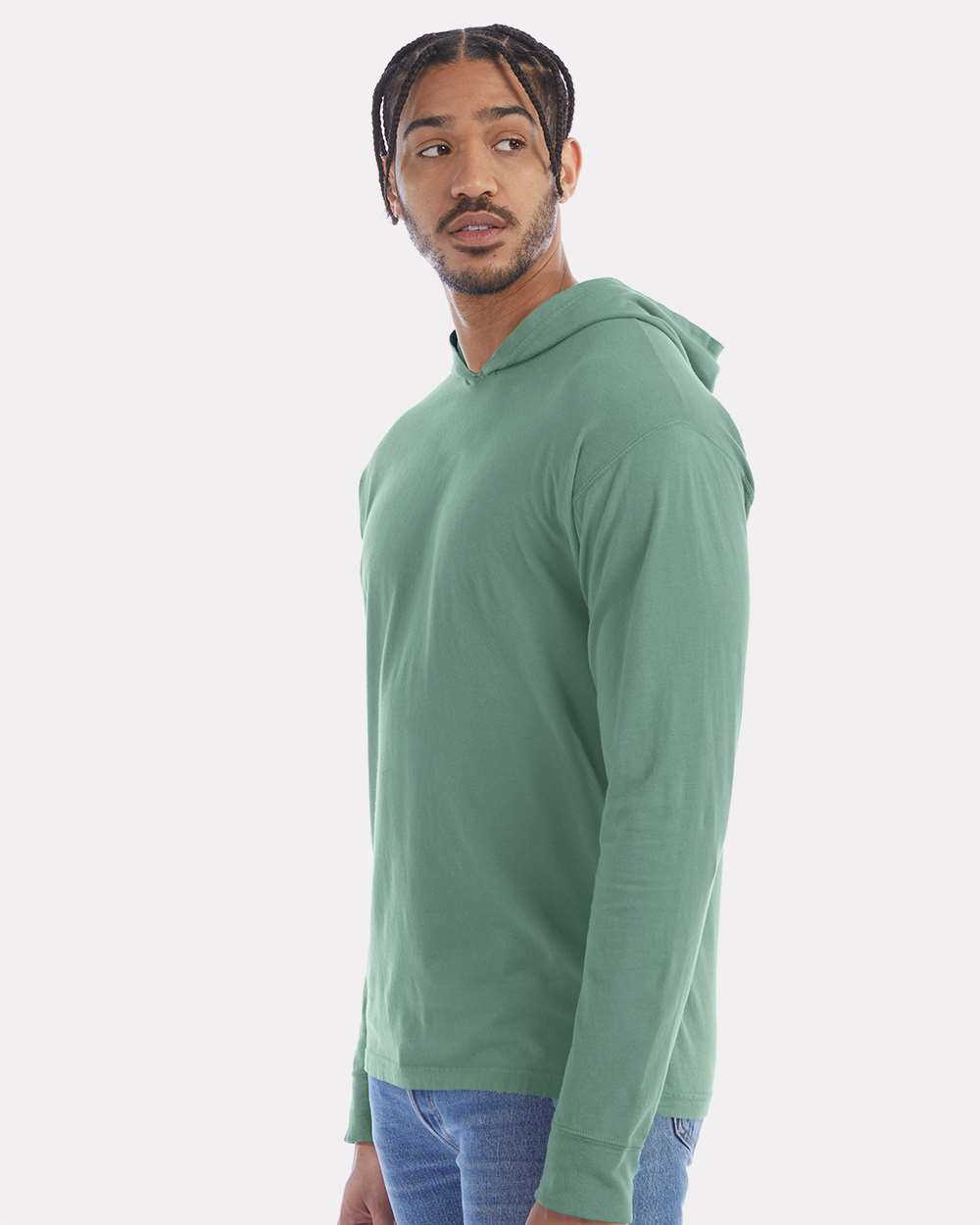Unisex Garment-Dyed Jersey Hooded Long Sleeve T-Shirt - OnModelSide - B04700543 - Cypress Green