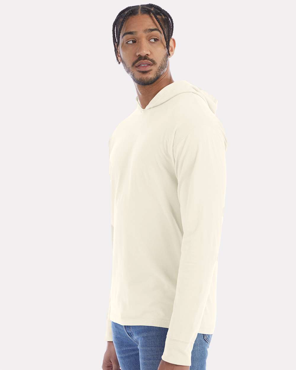 Unisex Garment-Dyed Jersey Hooded Long Sleeve T-Shirt - OnModelSide - B04700763 - Parchment