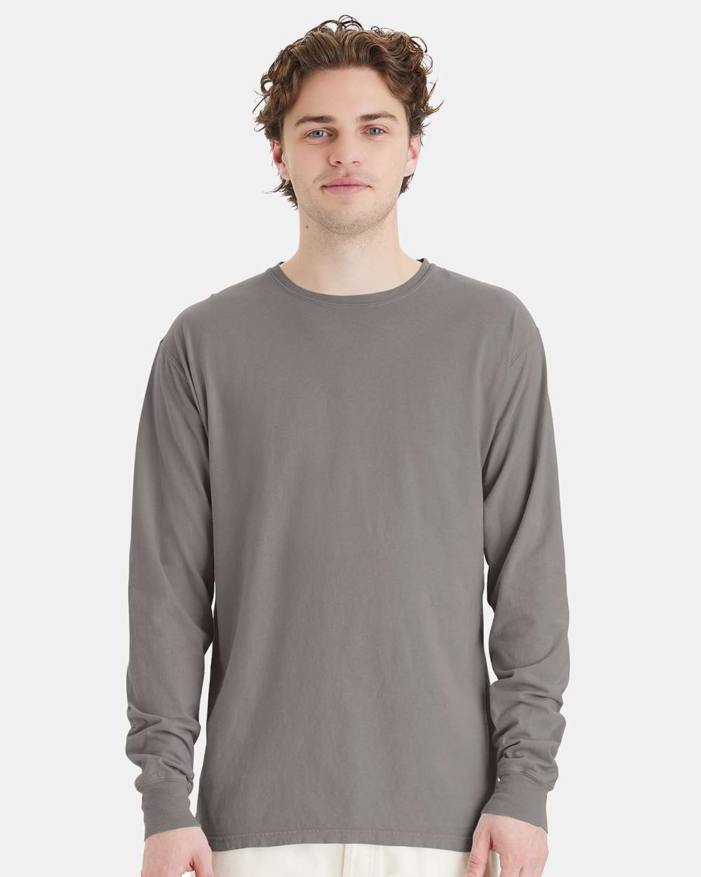 Unisex Garment-Dyed Long Sleeve T-Shirt - OnModelFront - B35300133 - Concrete Grey