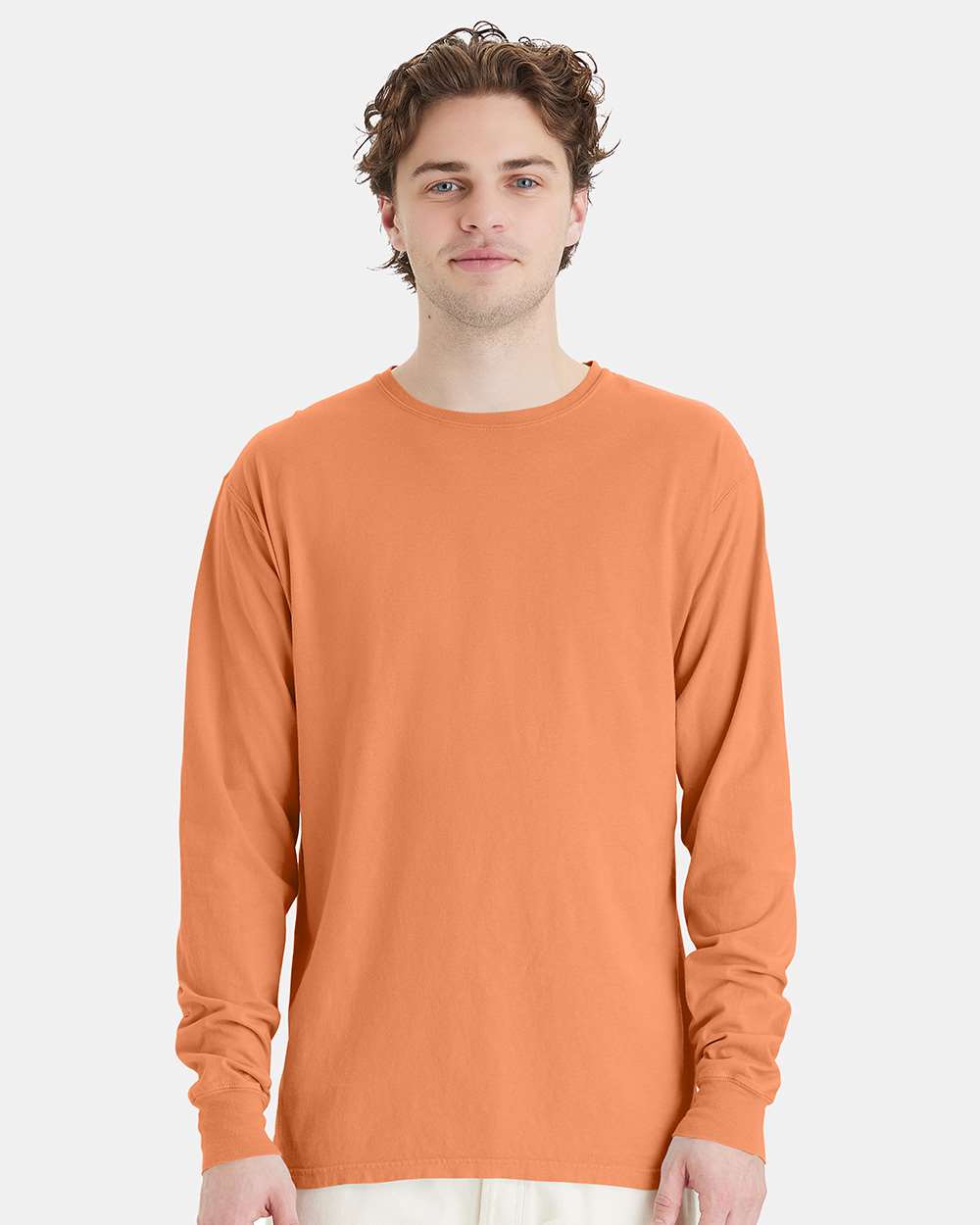 Unisex Garment-Dyed Long Sleeve T-Shirt - OnModelFront - B35300183 - Horizon Orange
