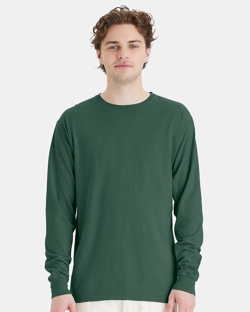 Unisex Garment-Dyed Long Sleeve T-Shirt - OnModelFront - B35300193 - Field Green