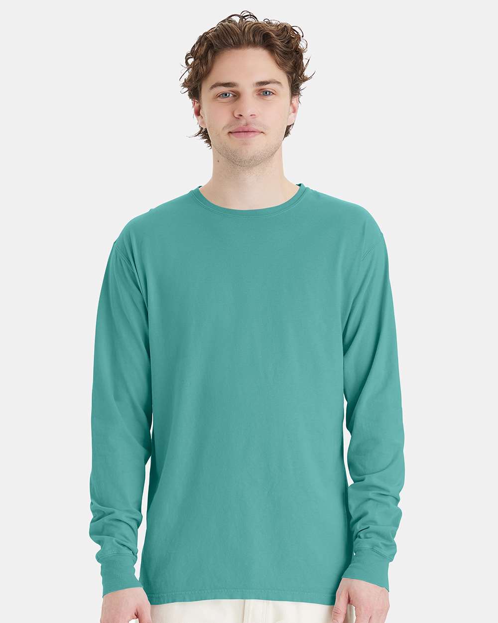 Unisex Garment-Dyed Long Sleeve T-Shirt - OnModelFront - B35300293 - Spanish Moss