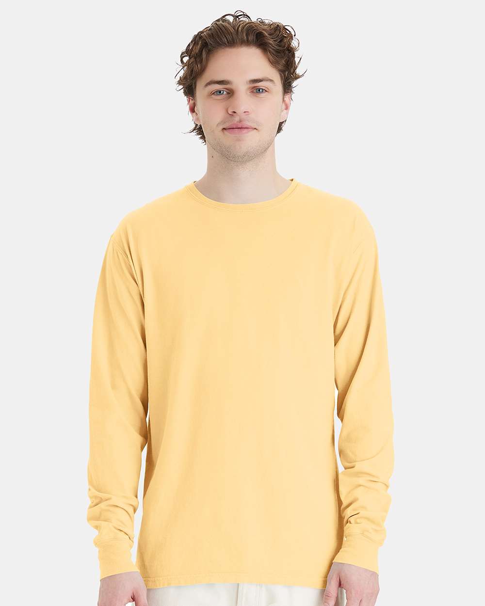 Unisex Garment-Dyed Long Sleeve T-Shirt - OnModelFront - B35300403 - Summer Squash Yellow