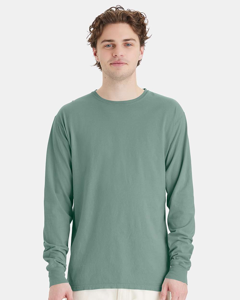 Unisex Garment-Dyed Long Sleeve T-Shirt - OnModelFront - B35300543 - Cypress Green
