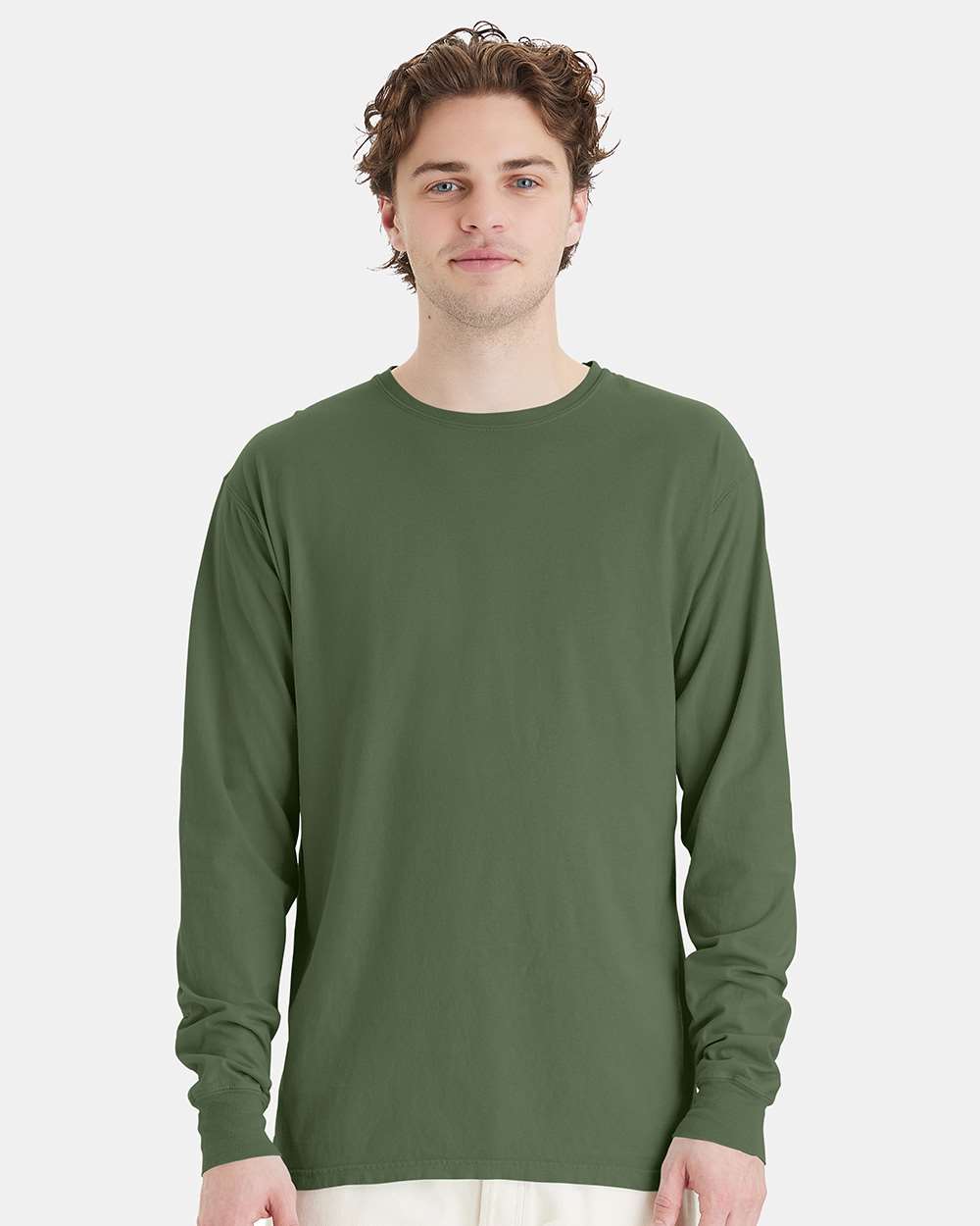 Unisex Garment-Dyed Long Sleeve T-Shirt - OnModelFront - B35300623 - Moss